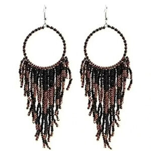 Black & Copper Seed Bead Circle & Tassel Large Drop Earrings NWT